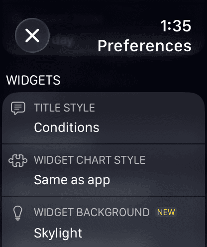 watchOS Preferences - Widgets section