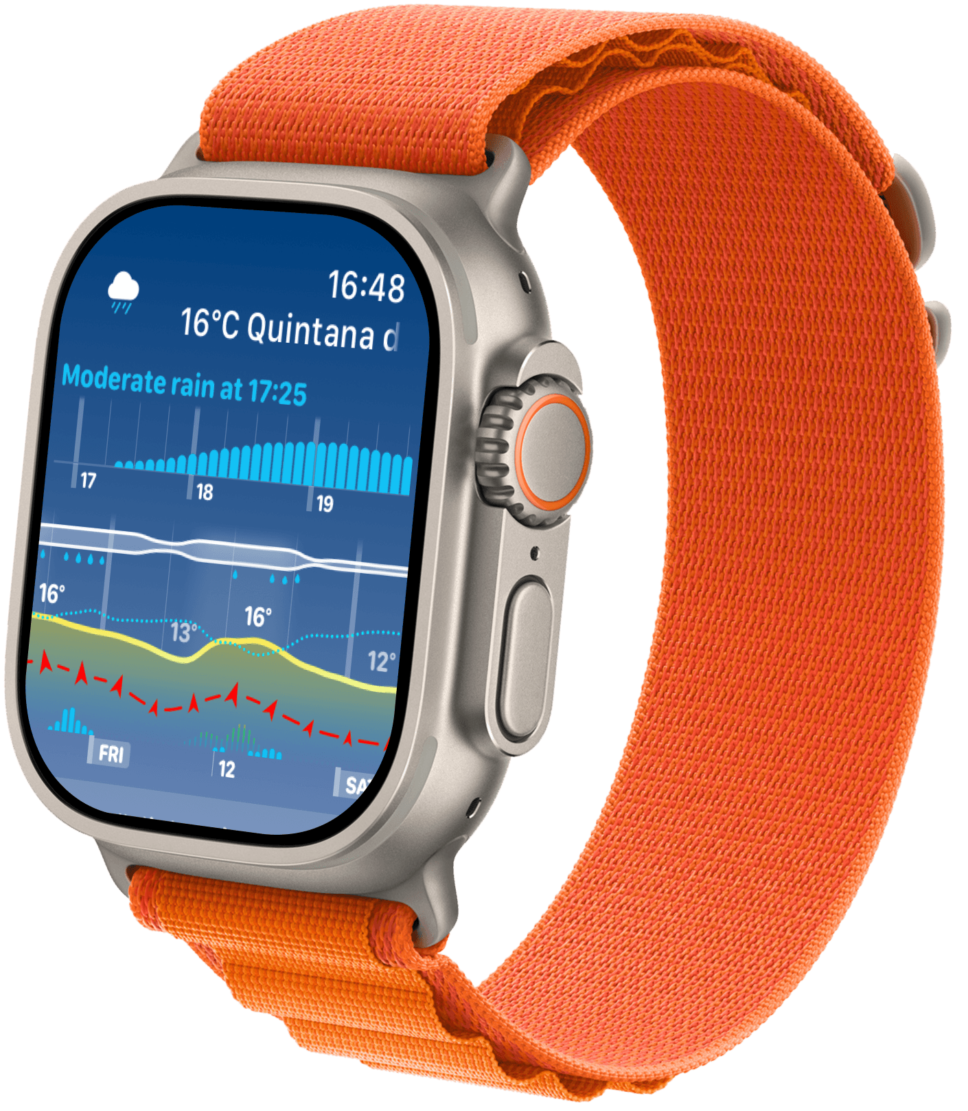Apple Watch showing Weathergraph app with detailed weather graph and nowcast